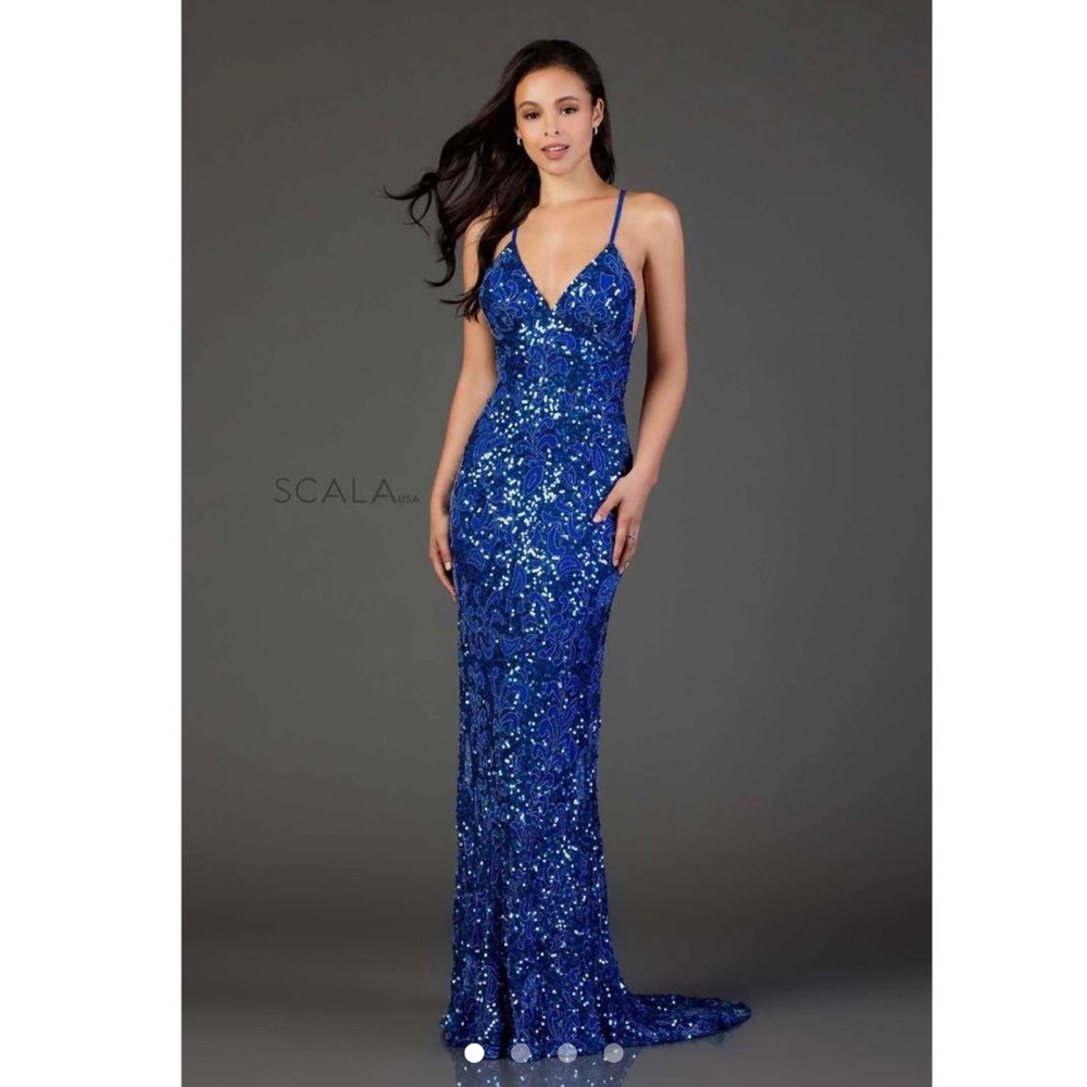Scala Royal Blue Sequin Spaghetti-Strap Prom Gown